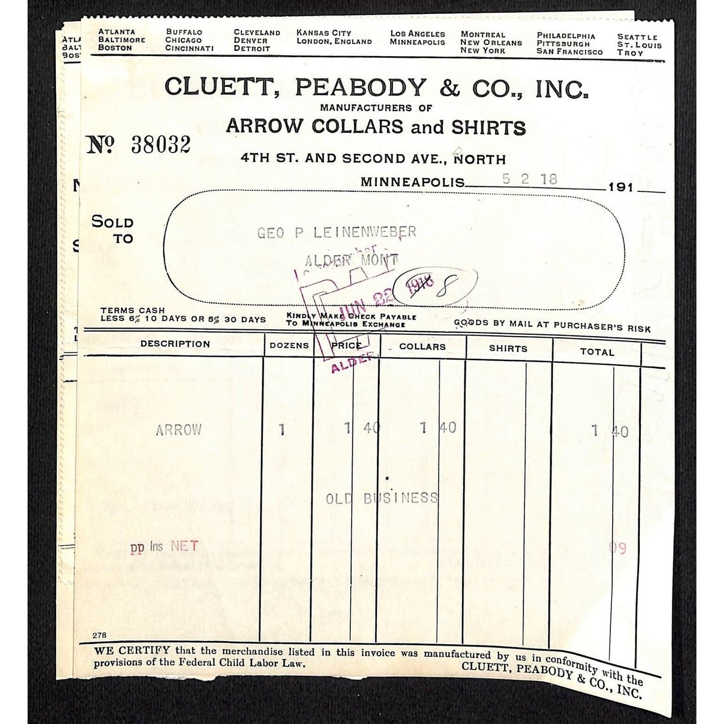 Minneapolis Cluett, Peabody & Co. Arrow Collars Shirts 3 Affixed 1918 Billheads