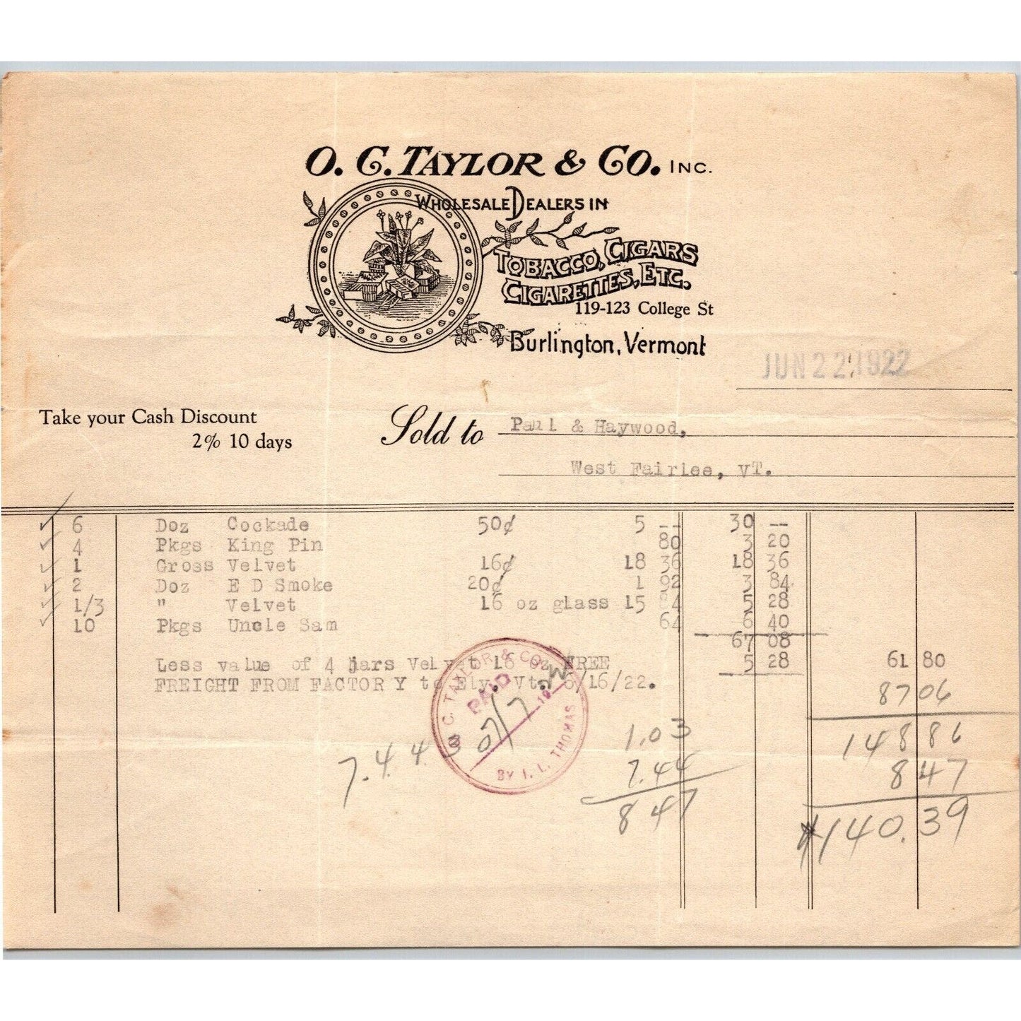 Burlington, VT O.C. Taylor & Co. Tobacco Cigars Cigarettes 1922 Billhead