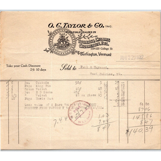 Burlington, VT O.C. Taylor & Co. Tobacco Cigars Cigarettes 1922 Billhead
