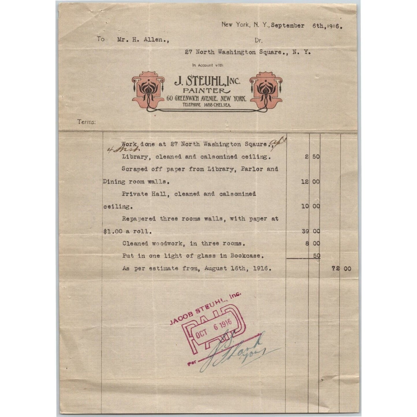 1916 J. Steuhl Inc. Painter Billhead Letterhead Greenwich Ave., NYC Invoice
