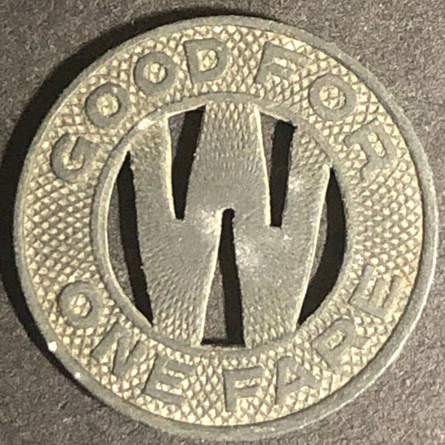 c1940's 16mm Wichita Transportation Corp. G/F One Fare Zinc?? Transit Token KS