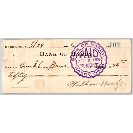Hardy Oklahoma (Ghost Town?) 1906 Conklin Bros. Territorial Bank Check