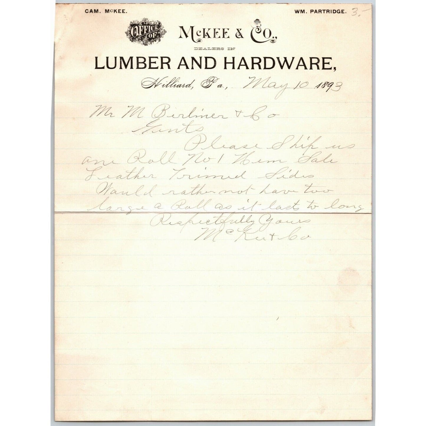 McKee & Co. 1893 Hilliard, PA Letterhead Dealers in Lumber and Hardware