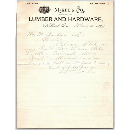 McKee & Co. 1893 Hilliard, PA Letterhead Dealers in Lumber and Hardware