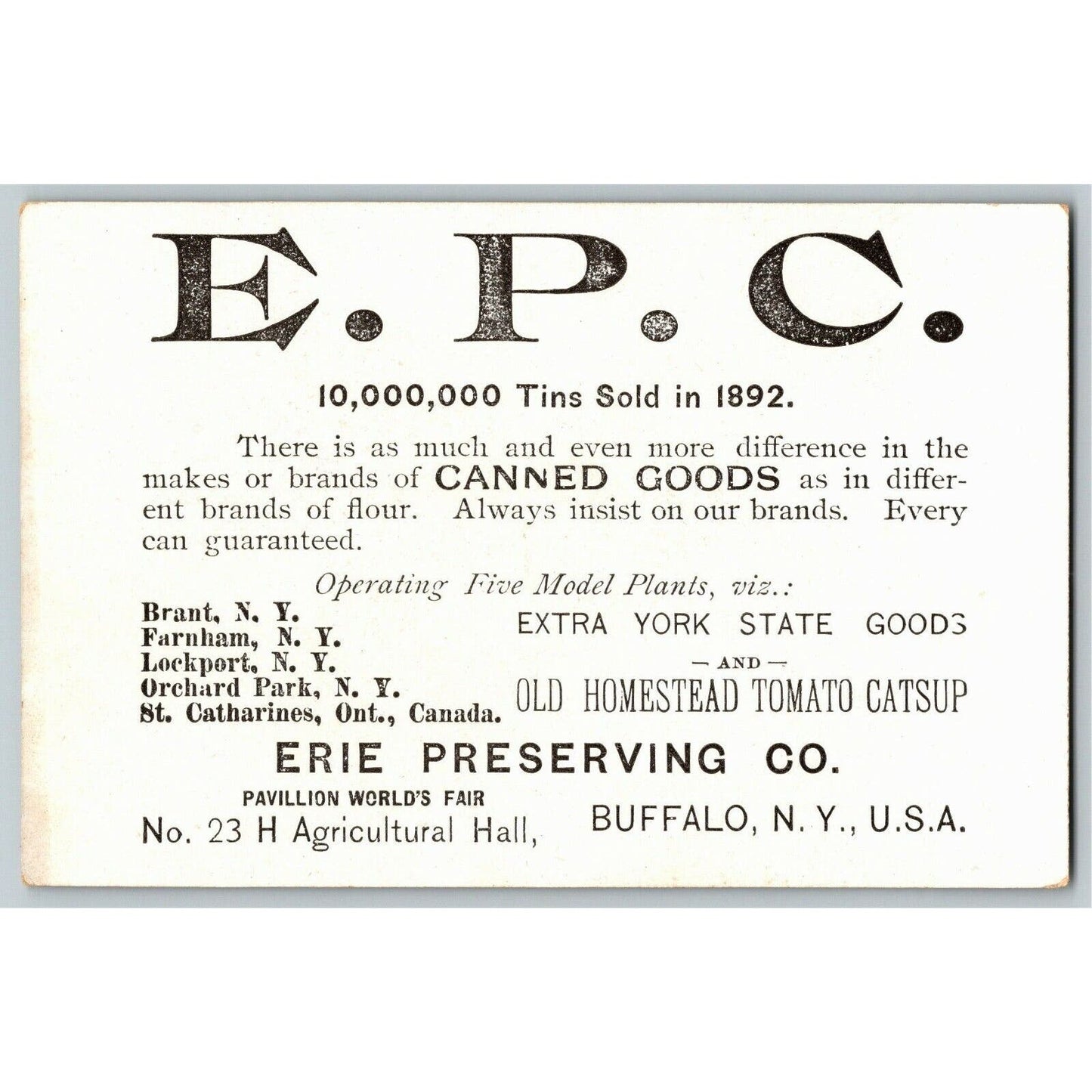 Columbian Expo. 1893 Chicago World's Fair Trade Erie Preserving Co. Buffalo, NY
