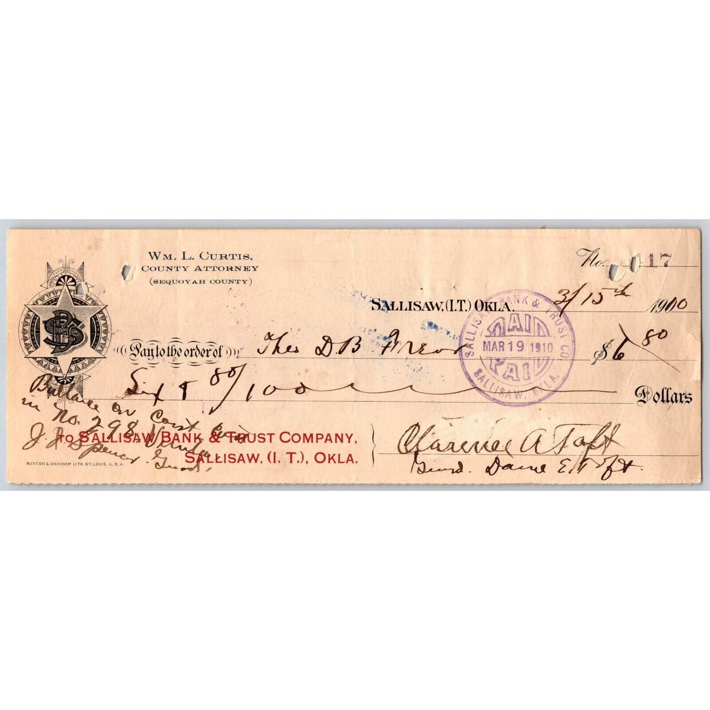 Sallisaw Indian Territory Oklahoma Bank Check 1900 Wm. L. Curtis State Attorney
