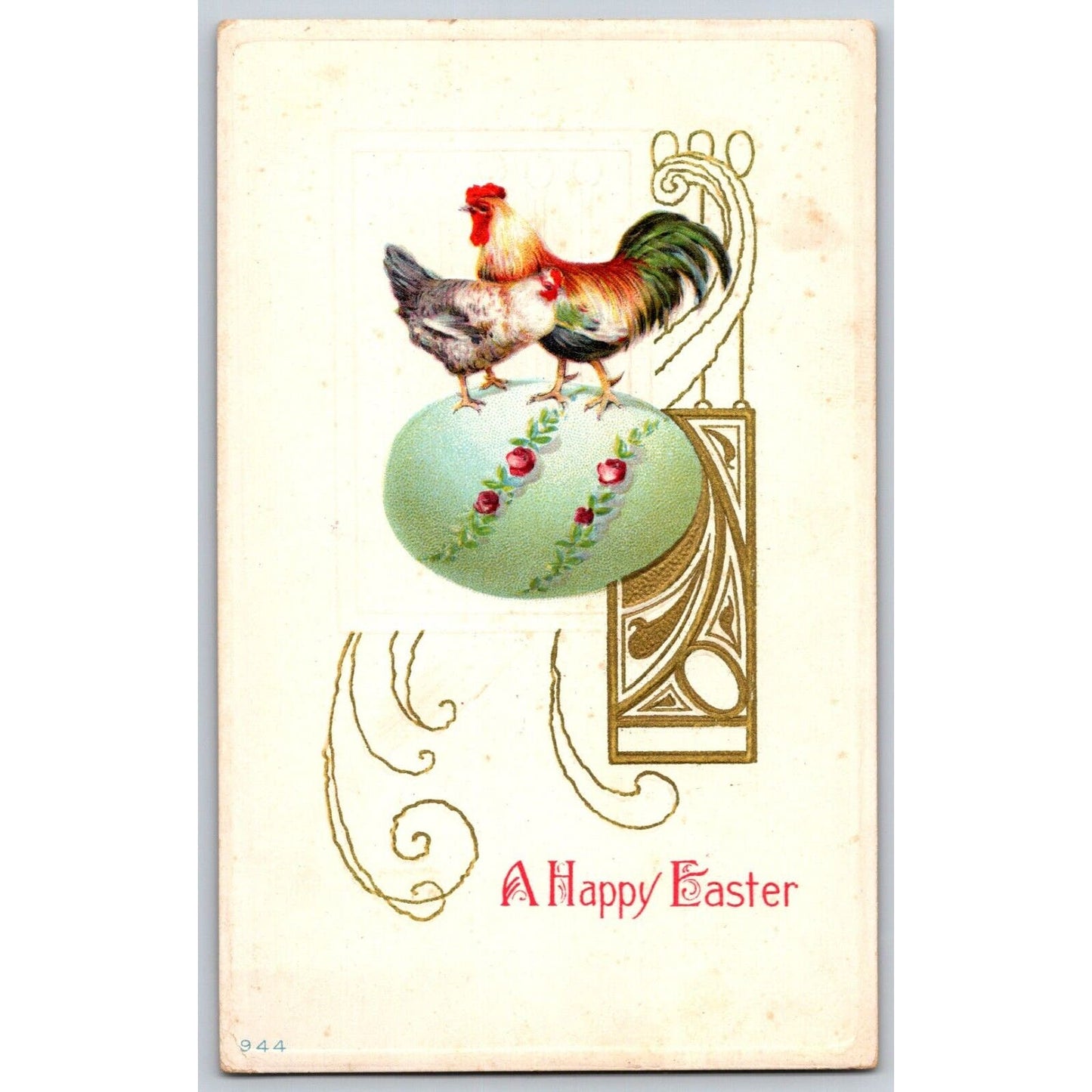 Vintage Easter Postcard "A Happy Easter" Chickens on Egg Floral Gold PM 1913