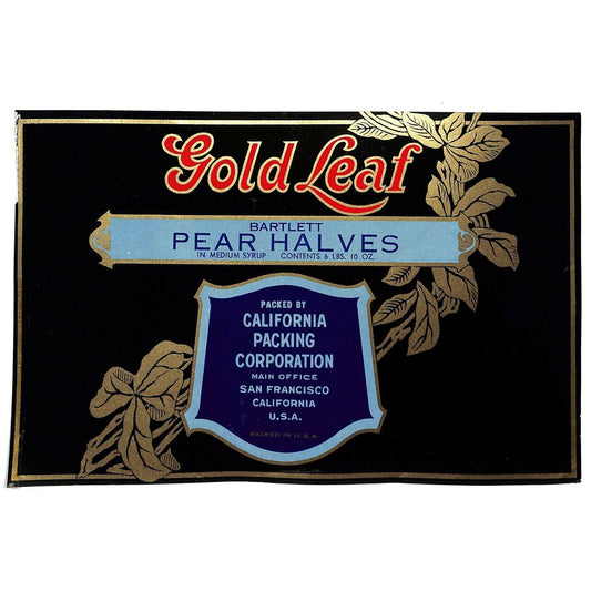 1940 Paper Can Label Gold Leaf Brand Bartlett Pear Halves Medium - VGC - Scarce