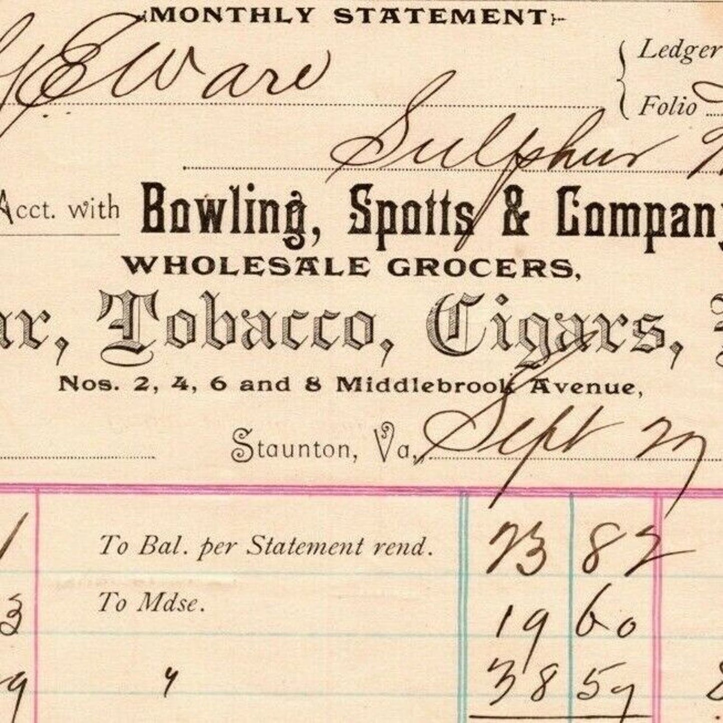 1894 Scarce Bowling, Spotts & Co Whsl. Grocers Billhead Letterhead Staunton, VA