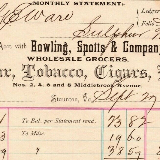 1894 Scarce Bowling, Spotts & Co Whsl. Grocers Billhead Letterhead Staunton, VA