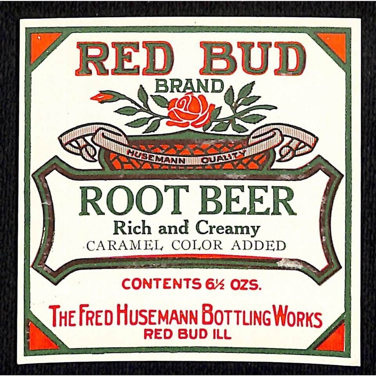 Root Beer Red Bud Brand Soda Paper Label Fred Husemann Bottling Rose c1930's