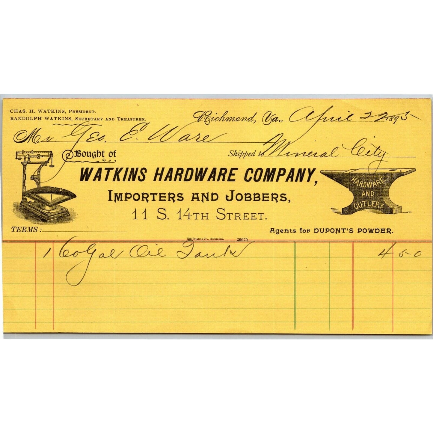 Watkins Hardware Co. DuPont Powder Richmond, VA Letterhead to Geo. E. Wear 1895