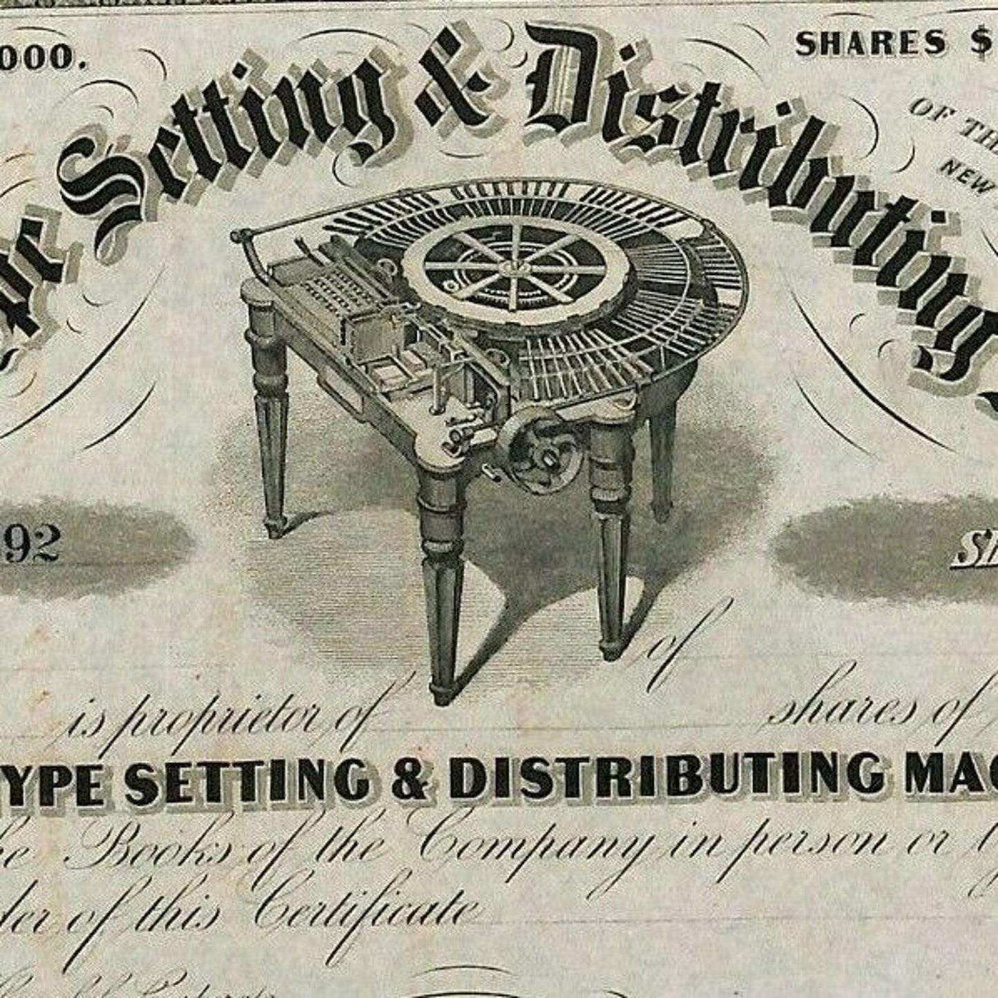 Scarce c1860's-70's "Alden Type Setting & Dist. Machine Co." Stock Certificate