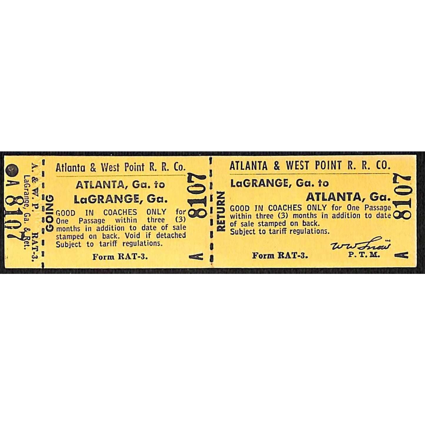 Atlanta & West Point Railroad Unused Ticket w/ Stub LaGrange, GA #8107 VOID*