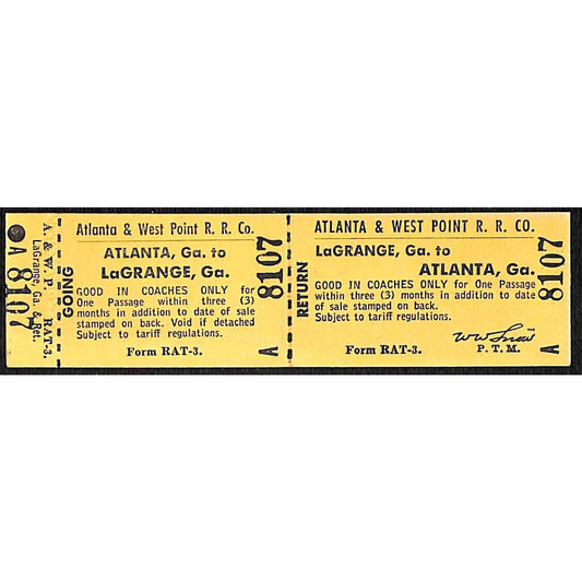 Atlanta & West Point Railroad Unused Ticket w/ Stub LaGrange, GA #8107 VOID*