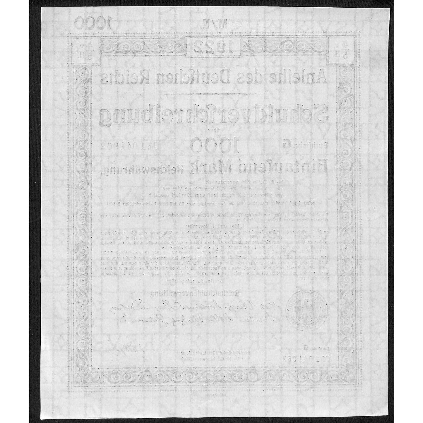 1922 German 1000 Mark Reich Treasury Bond Certificate - No Folds or Creases VGC