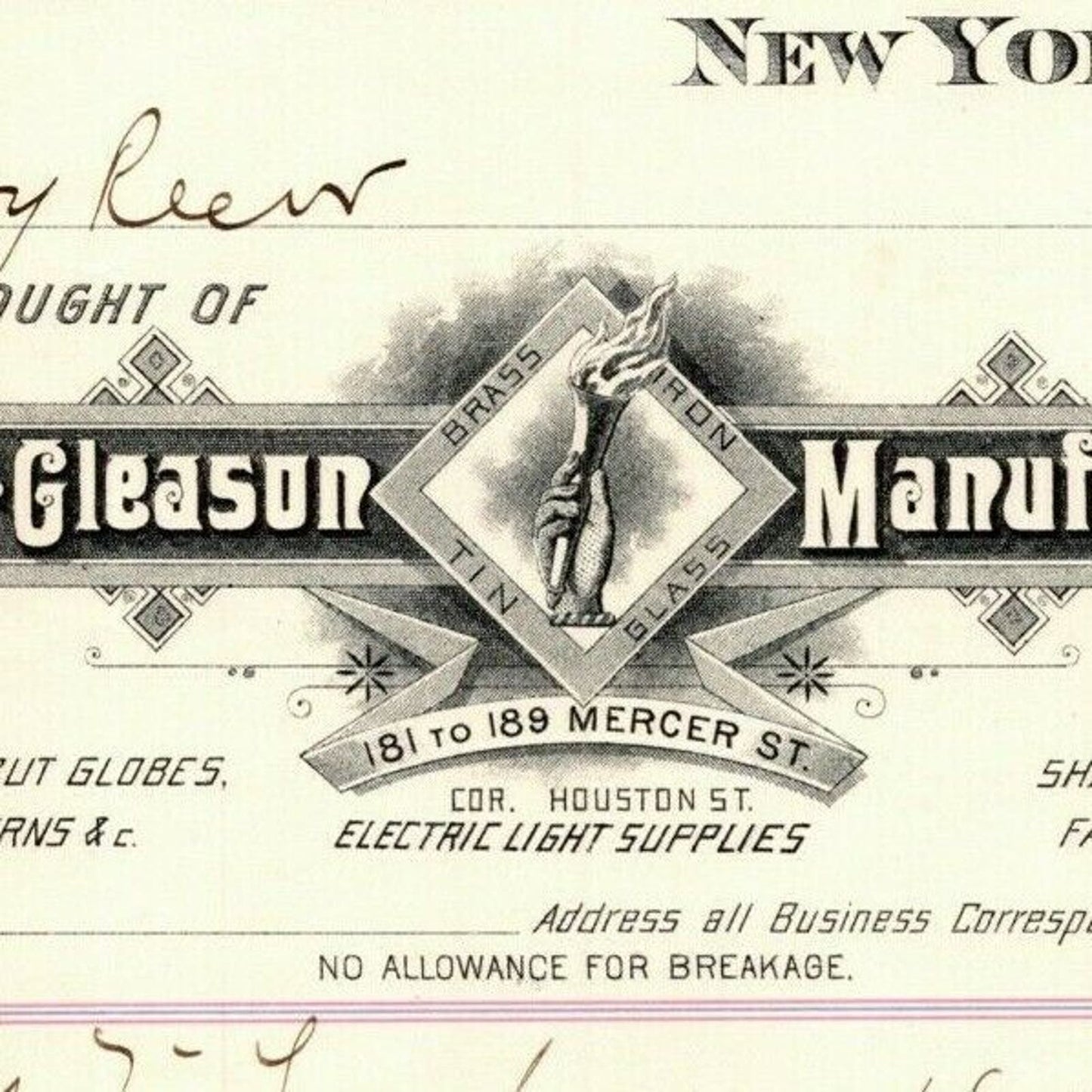 Dec 1887 "E. P. Gleason" Cut Glass Globes Billhead Letterhead Mercer St NYC