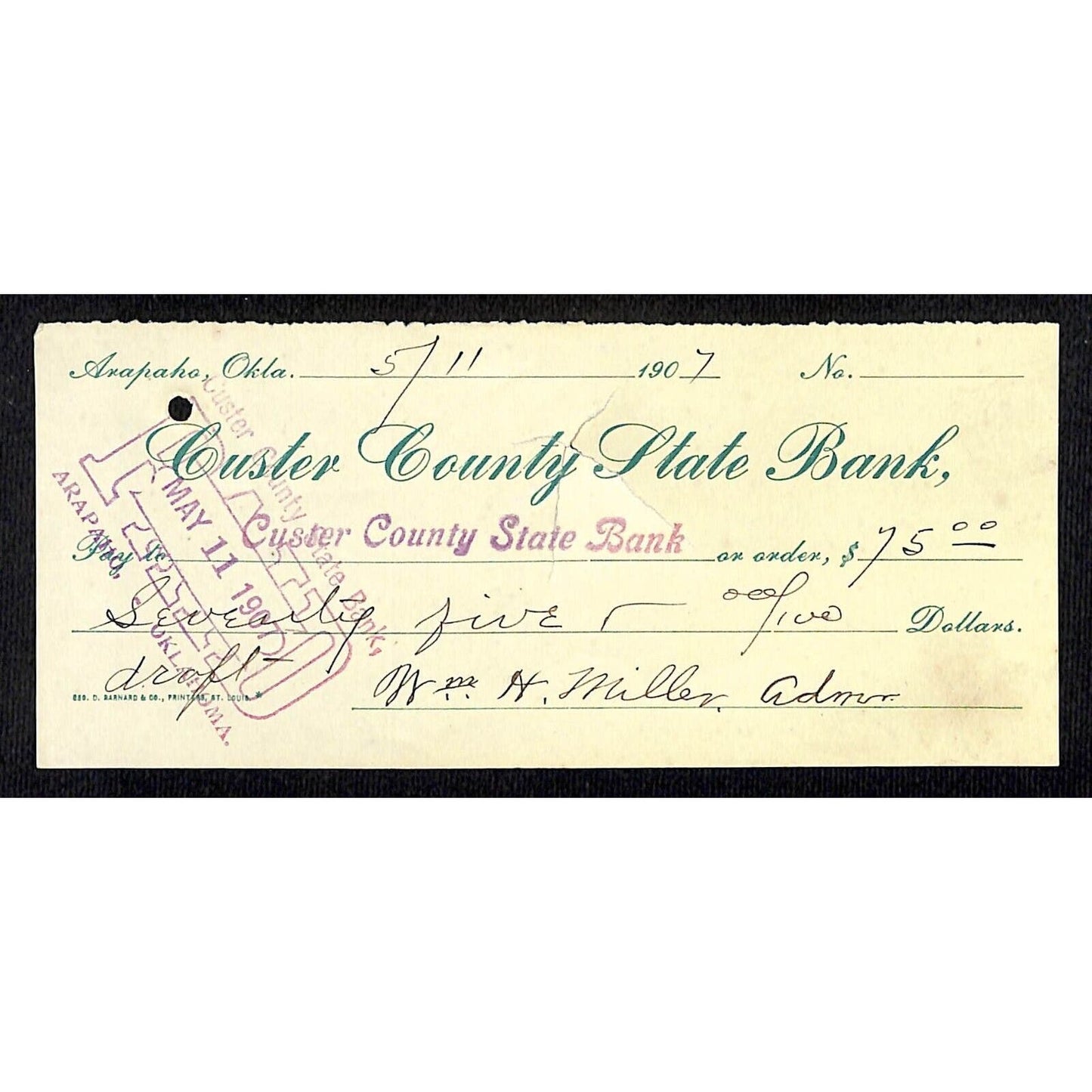 Arapaho, OK 1907 Territorial Custer County State Bank Check - Scarce