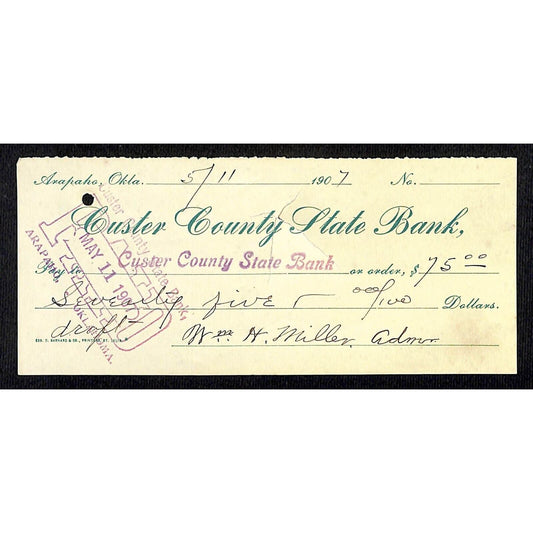 Arapaho, OK 1907 Territorial Custer County State Bank Check - Scarce