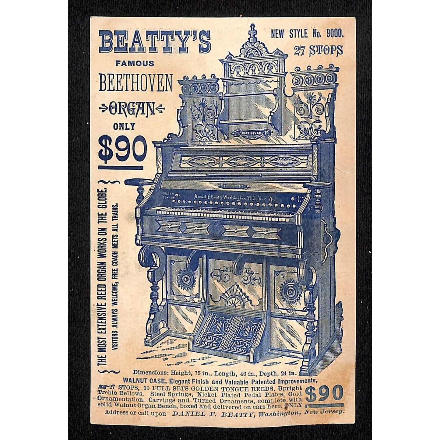 Beatty's Organs and Pianos Washington, NJ Victorian Trade Card - Horse Shoe