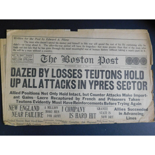 WWI Era Newspaper - The Boston Post - May 1 1918 - 4 pgs.