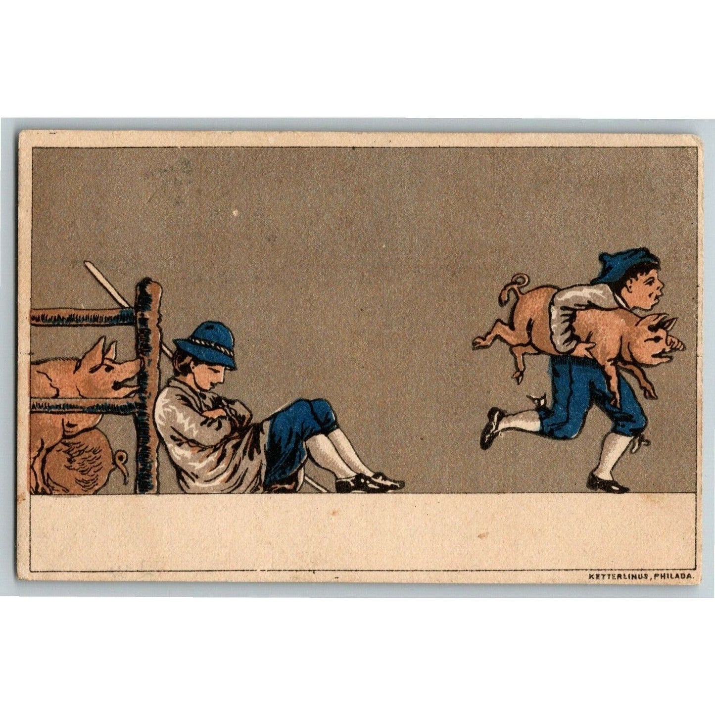 Blank Gilt Victorian Trade Card - Farm Boy Running Away With Pig / Hog