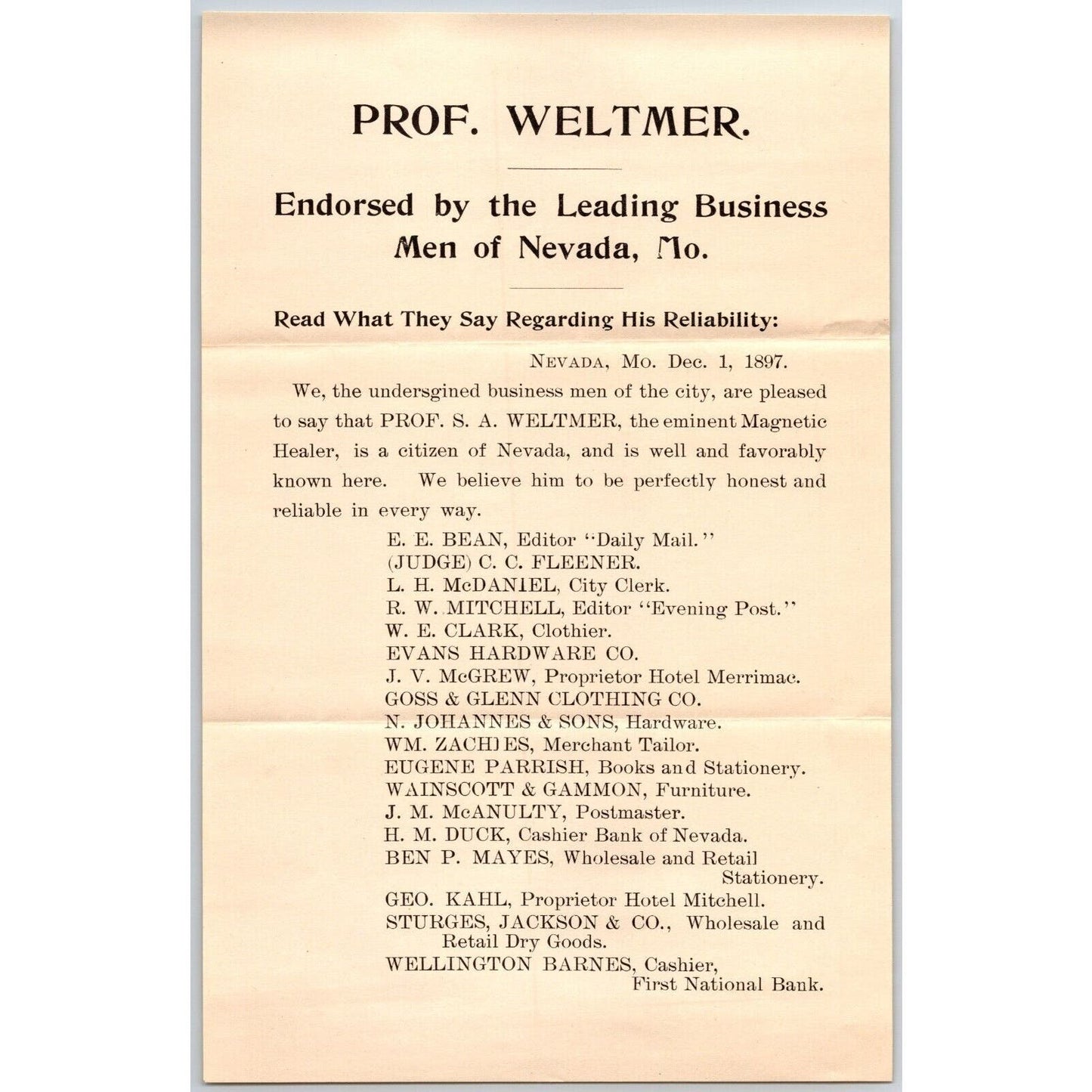 Professor S.A. Weltmer (Author) Nevada Advertising Testimonial Flyer c1897 VGC