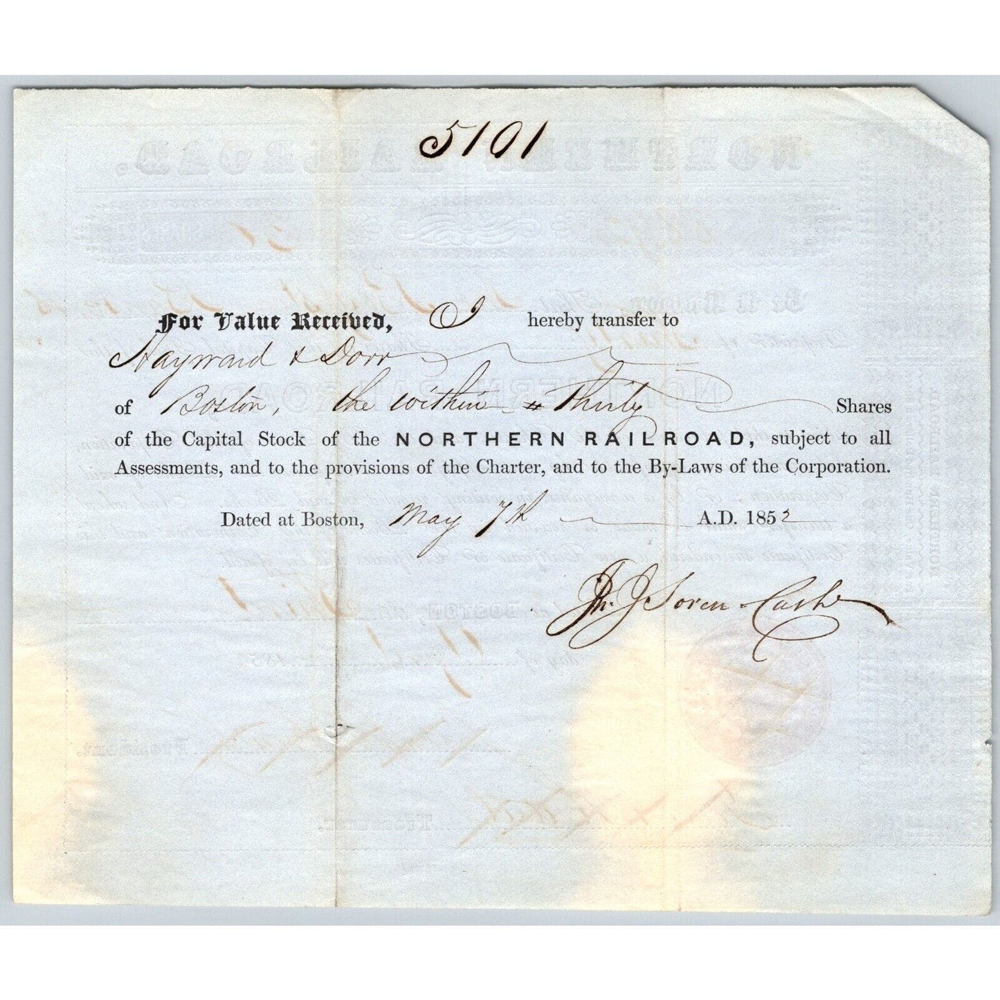 1852 Boston, MA Northern Railroad Stock Certificate No. 8892 for 30 Shares