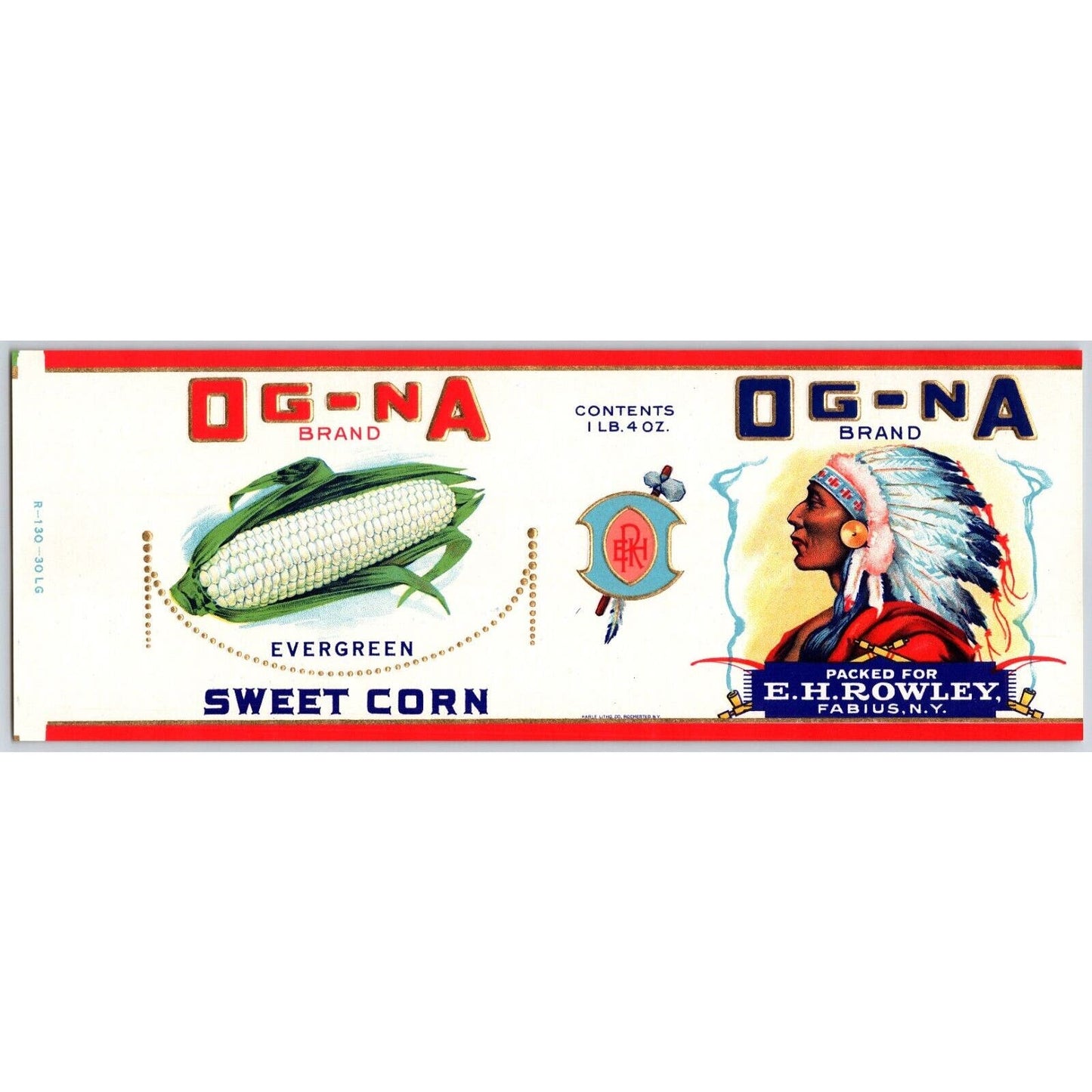 Og-Na Tomatoes Paper Can Label E. H. Rowley Fabius, NY Indian Chief c1920's-30's