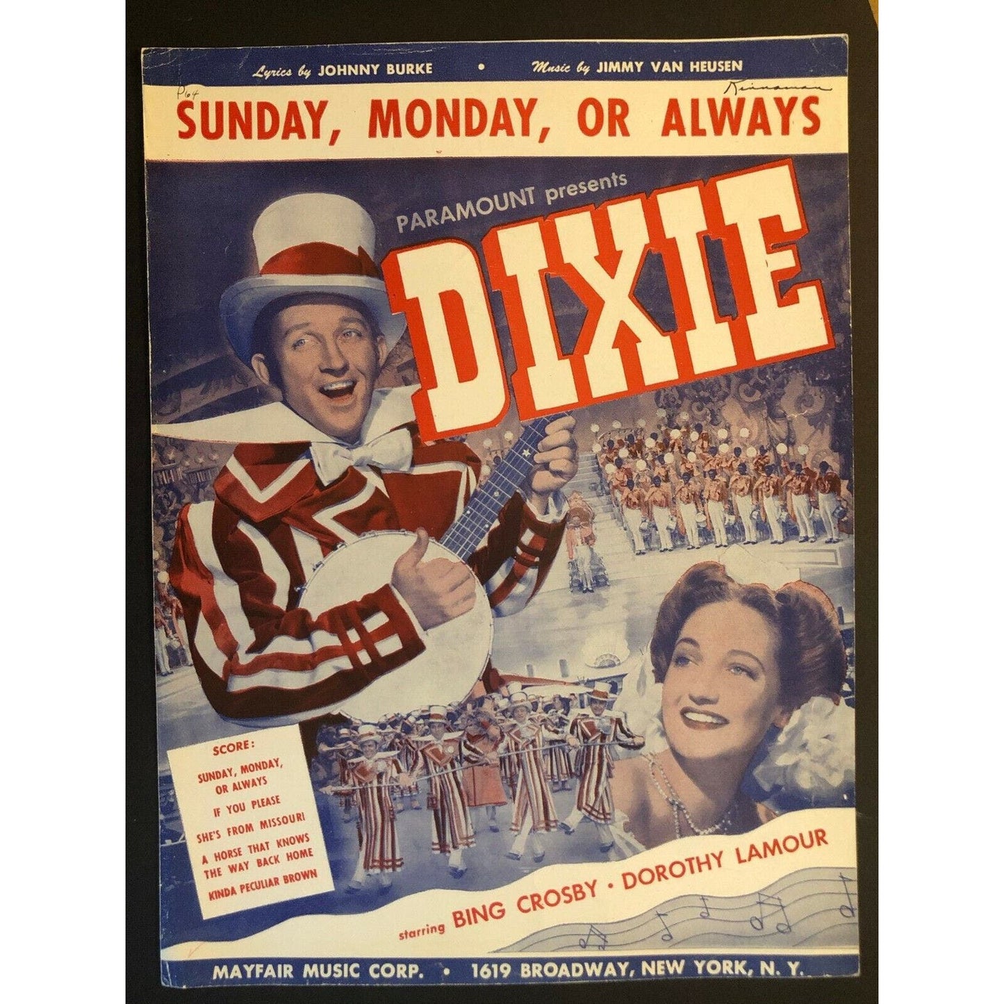 Vintage 1944 Sheet Music "Sunday, Monday, or Always" from "Dixie"