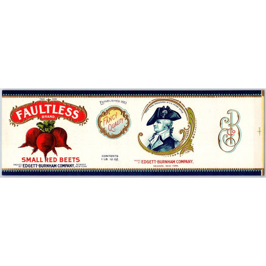 Faultless Brand Small Red Beets Paper Can Label Newark Embossed c1917-20's VGC