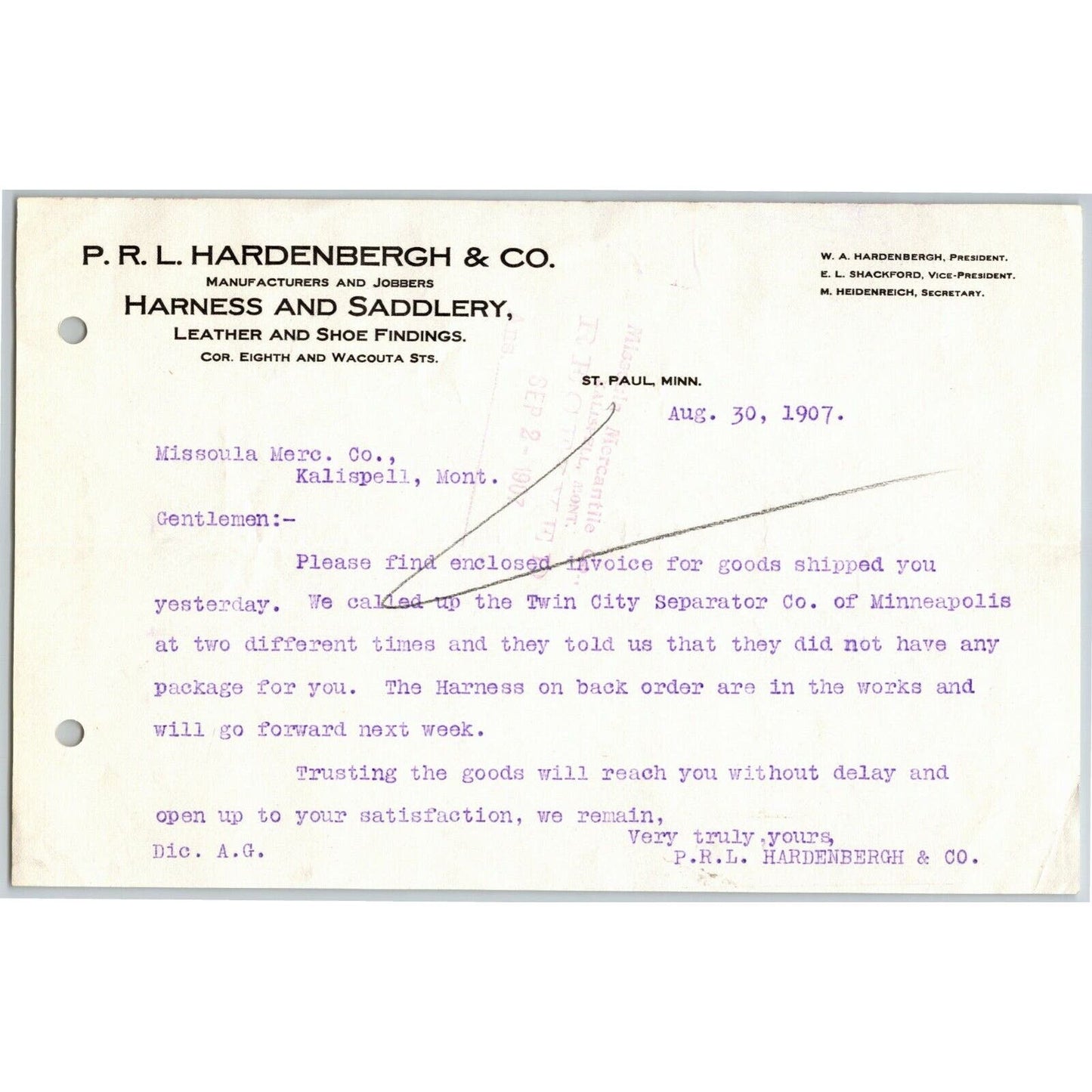 1907 P.R.L. Hardenbergh & Co. Harness & Saddlery, St. Paul, MINN Note RE: Inv.