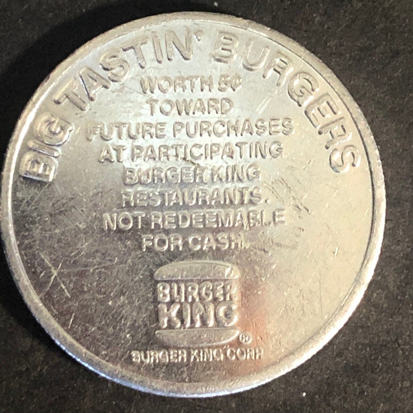 25.85mm Burger King "King Kash" 5c off "Big Tastin' Burger" Aluminum Token