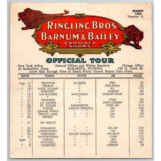 1950 Ringling Bros Barnum Bailey Circus Route Card Decatur Peoria Milwaukee