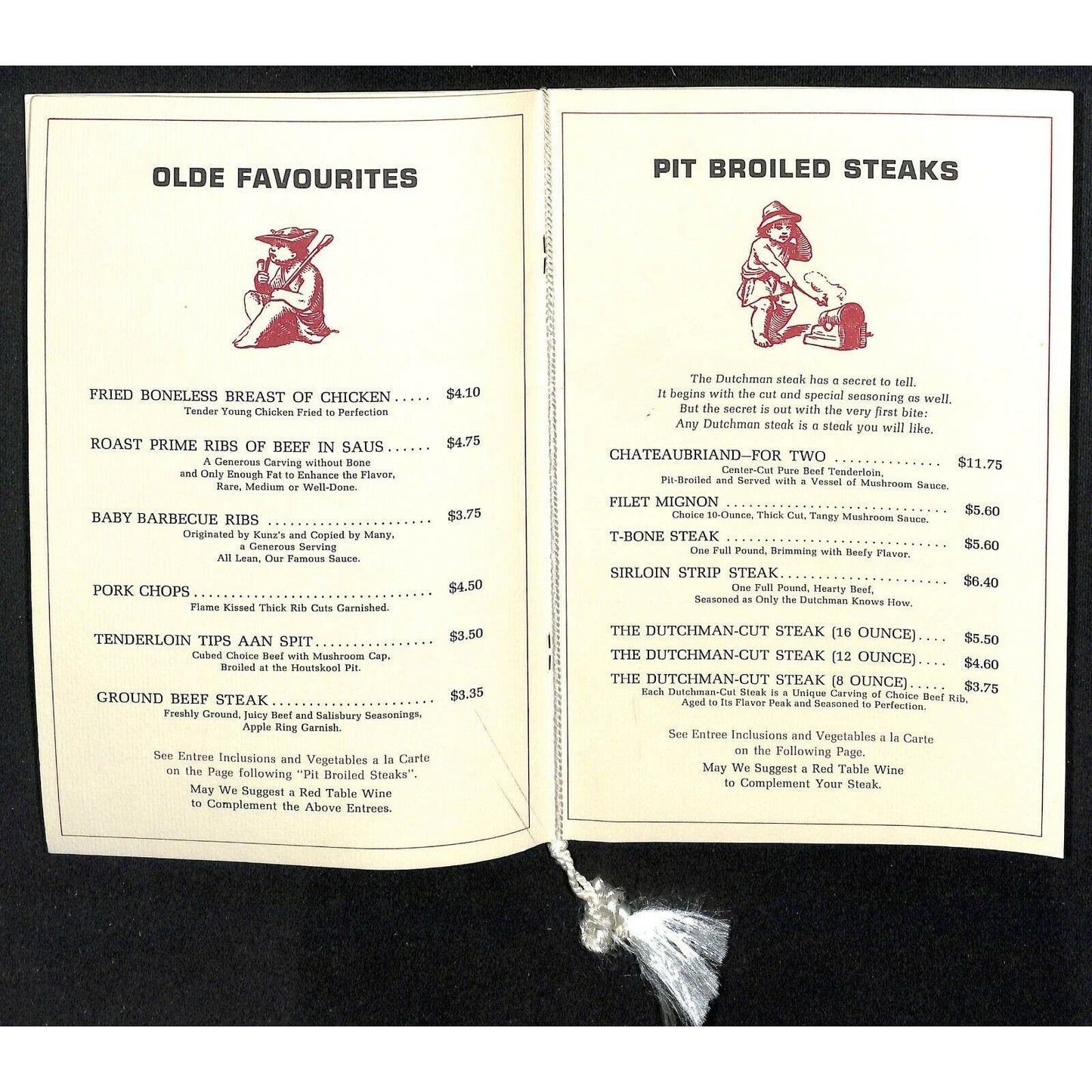 c1970's-80's Kunz's The Dutchman Restaurant Menu Louisville, KY 12pp VGC