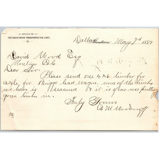 1889 Montrose, CO "David Wood Transportation Lines" Letterhead re: 4"x6" Lumber
