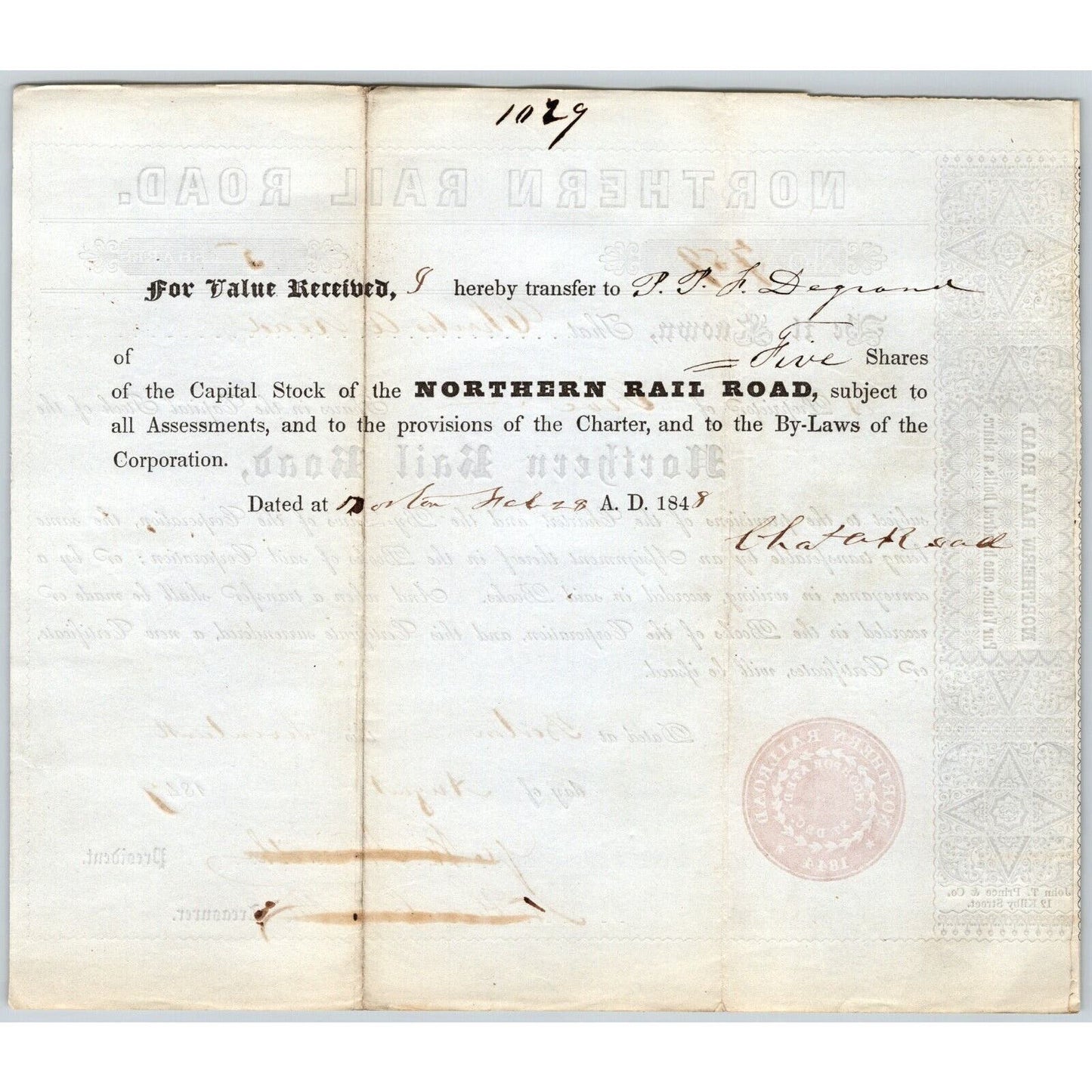 1847 Boston, MA Northern Railroad Stock Certificate No. 759 for 5 Shares