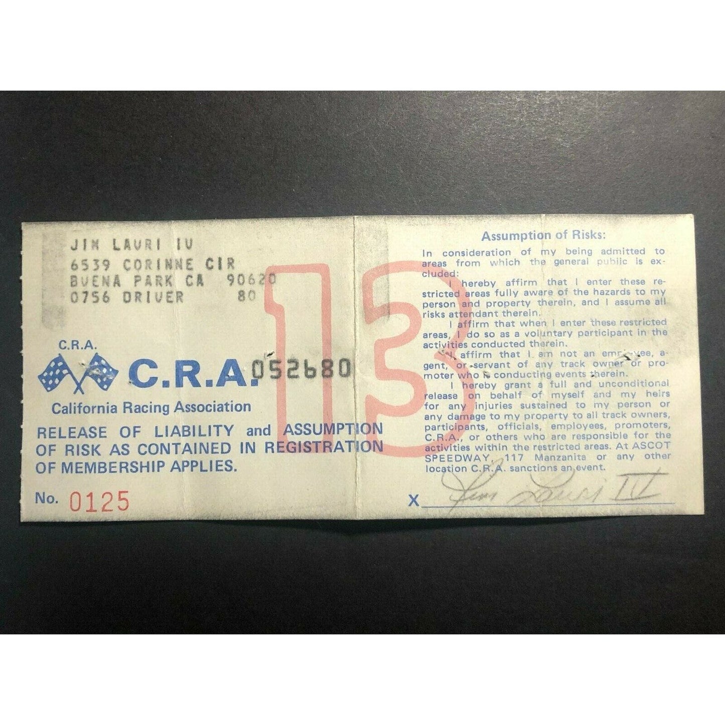 CRA California Racing Assoc. Ascot Liability Release c1980? Jim Lauri Driver