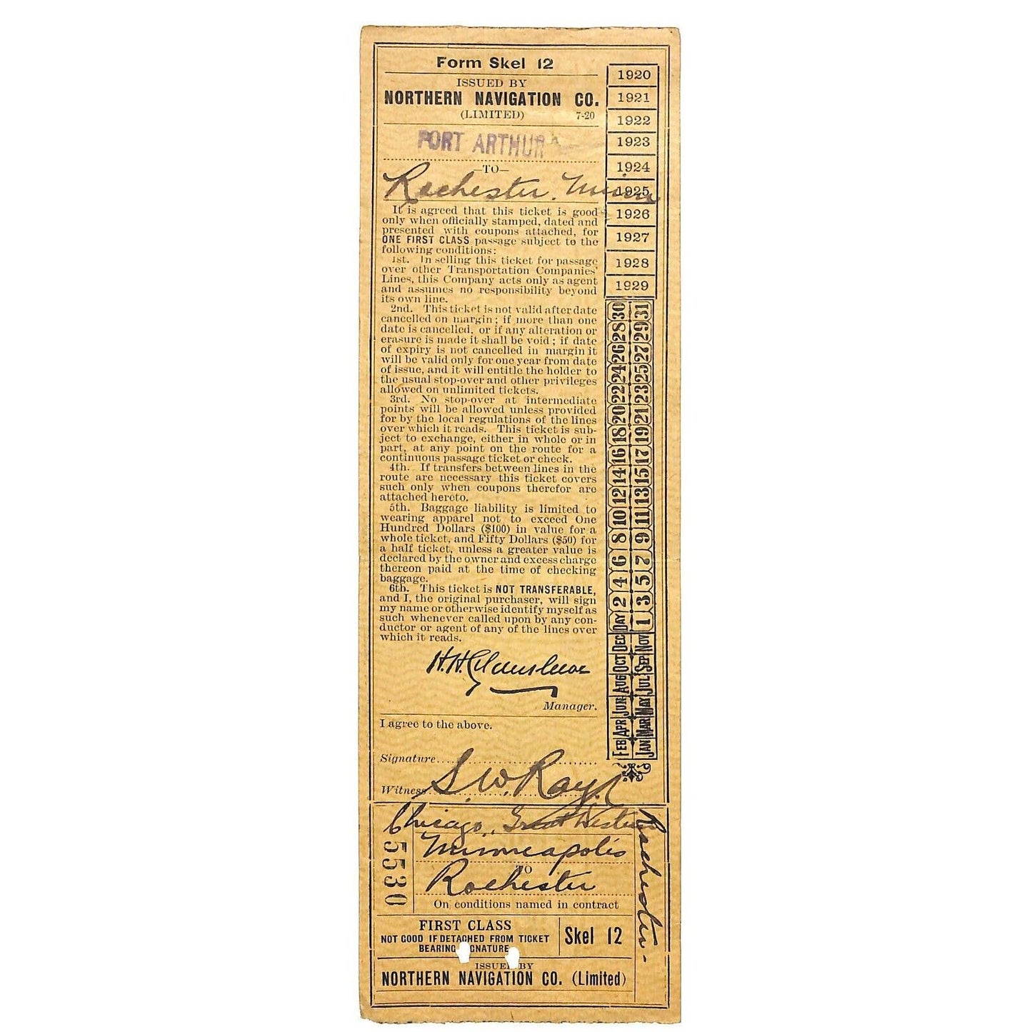 Northern Navigation Co. Railroad Ticket 1921 Port Arthur to Rochester MN Scarce