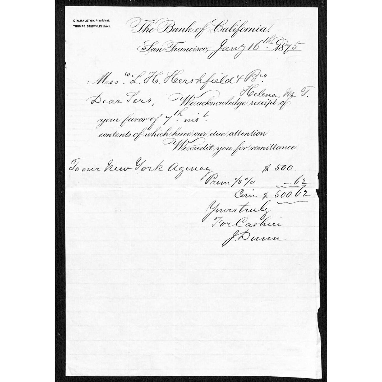 1875 "Bank of California" San Francisco Letterhead L.H. Hershfield Helena, MT