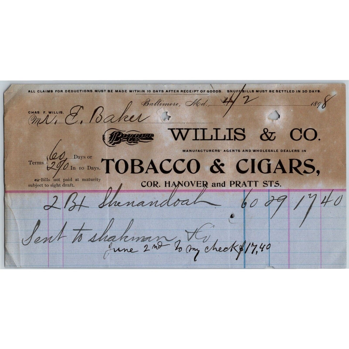 1898 Letterhead Billhead Willis & Co. Tobacco Cigars Baltimore Ephraim Baker*