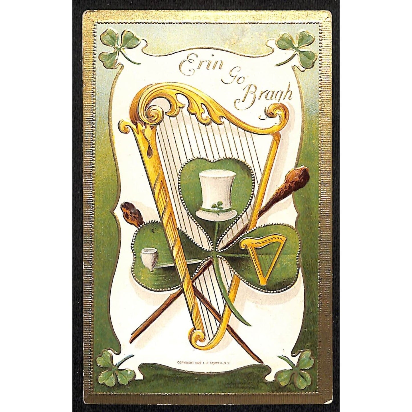 Ireland Postcard Pipe Hat Harp Clovers Shillelagh Emboss Gilt NP c1909