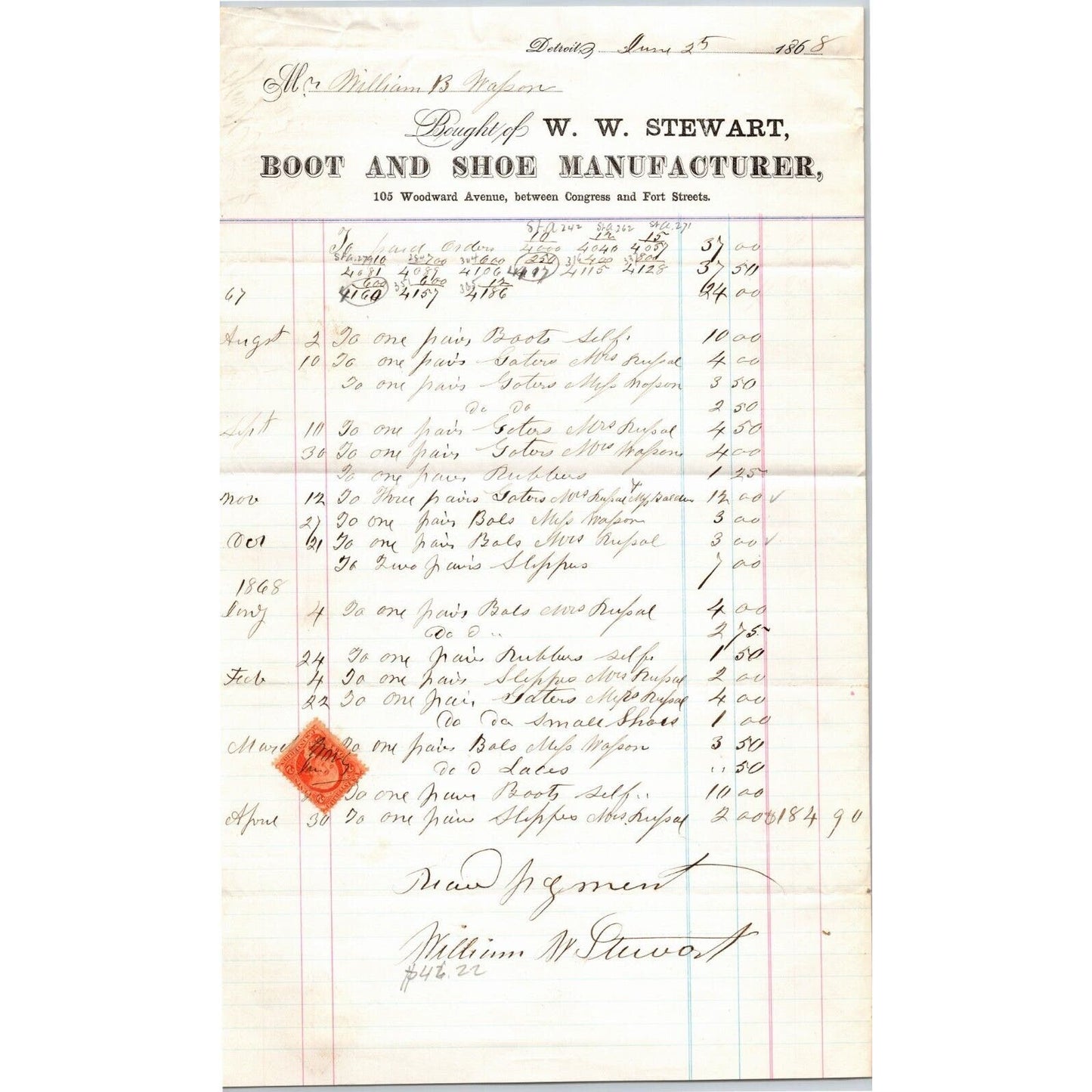 Detroit Letterhead W.W. Stewart "Boot and Shoe Manufacturer" 1868 Signed