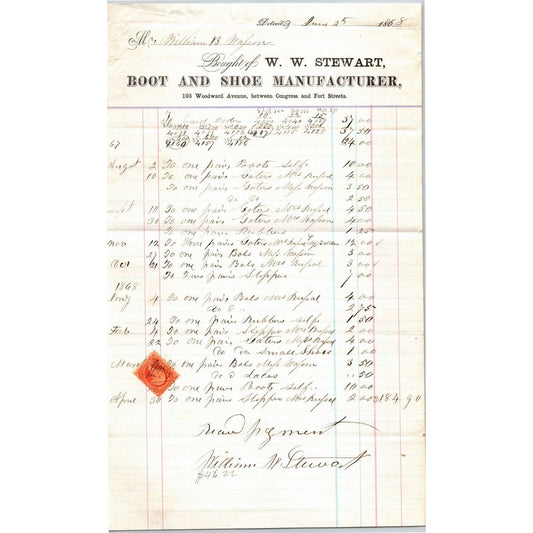 Detroit Letterhead W.W. Stewart "Boot and Shoe Manufacturer" 1868 Signed