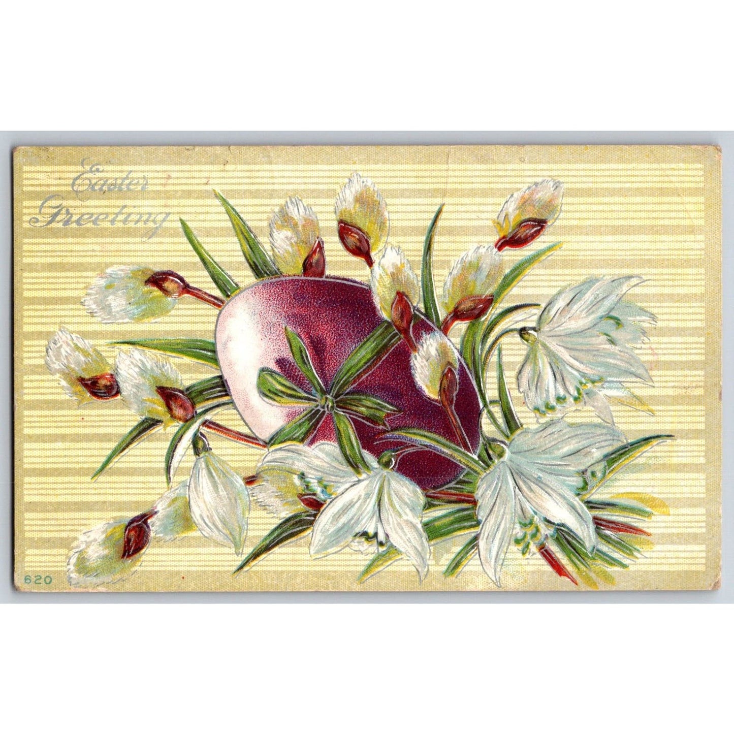 Easter Postcard "Easter Greeting" Floral Egg Embossed Silver Ink PM 1913