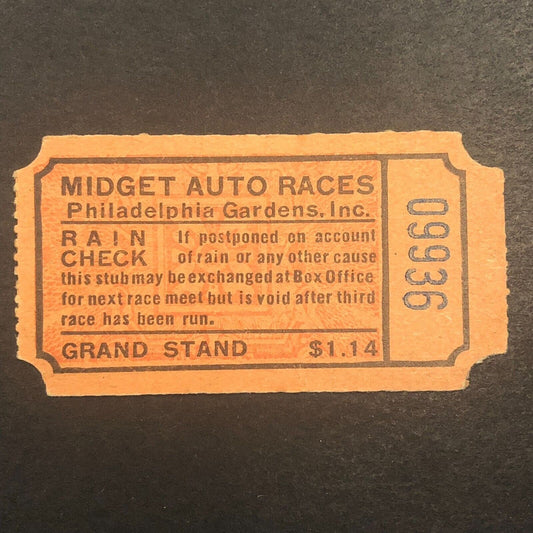 Midget Auto Racing Philadelphia Gardens 1939 Ted Hartley Rain Check Ticket
