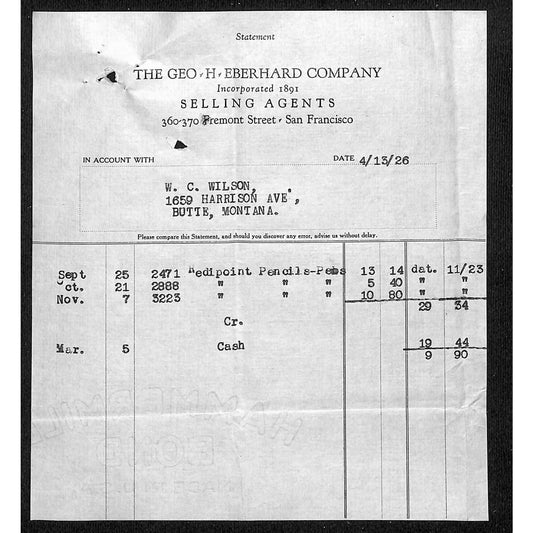 Geo. H. Eberhard Co. Pencil Butte Montana 1926 Billhead Letterhead Wilson Drug