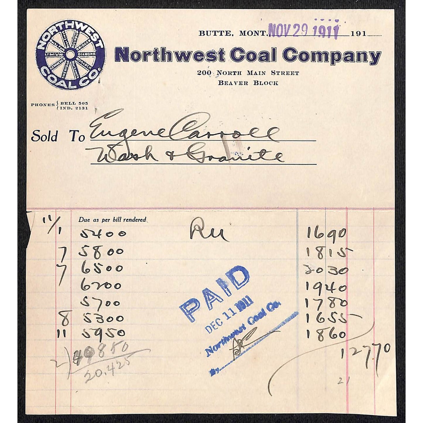 Butte Montana 1911 "Northwest Coal Company" Eugene Carroll Billhead
