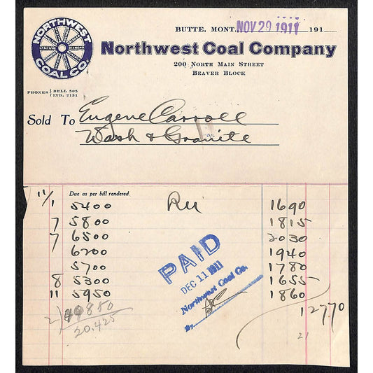 Butte Montana 1911 "Northwest Coal Company" Eugene Carroll Billhead
