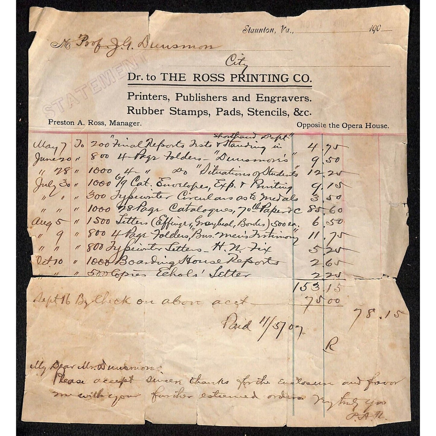 1907 Scarce Ross Printing Co. Letterhead Billhead Staunton, VA w/ Long List